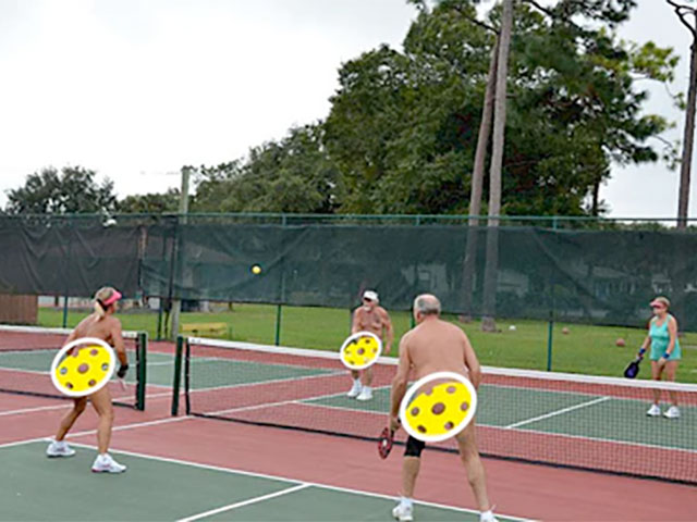 Four people playing a game of Pickleball naked at a Florida Resort